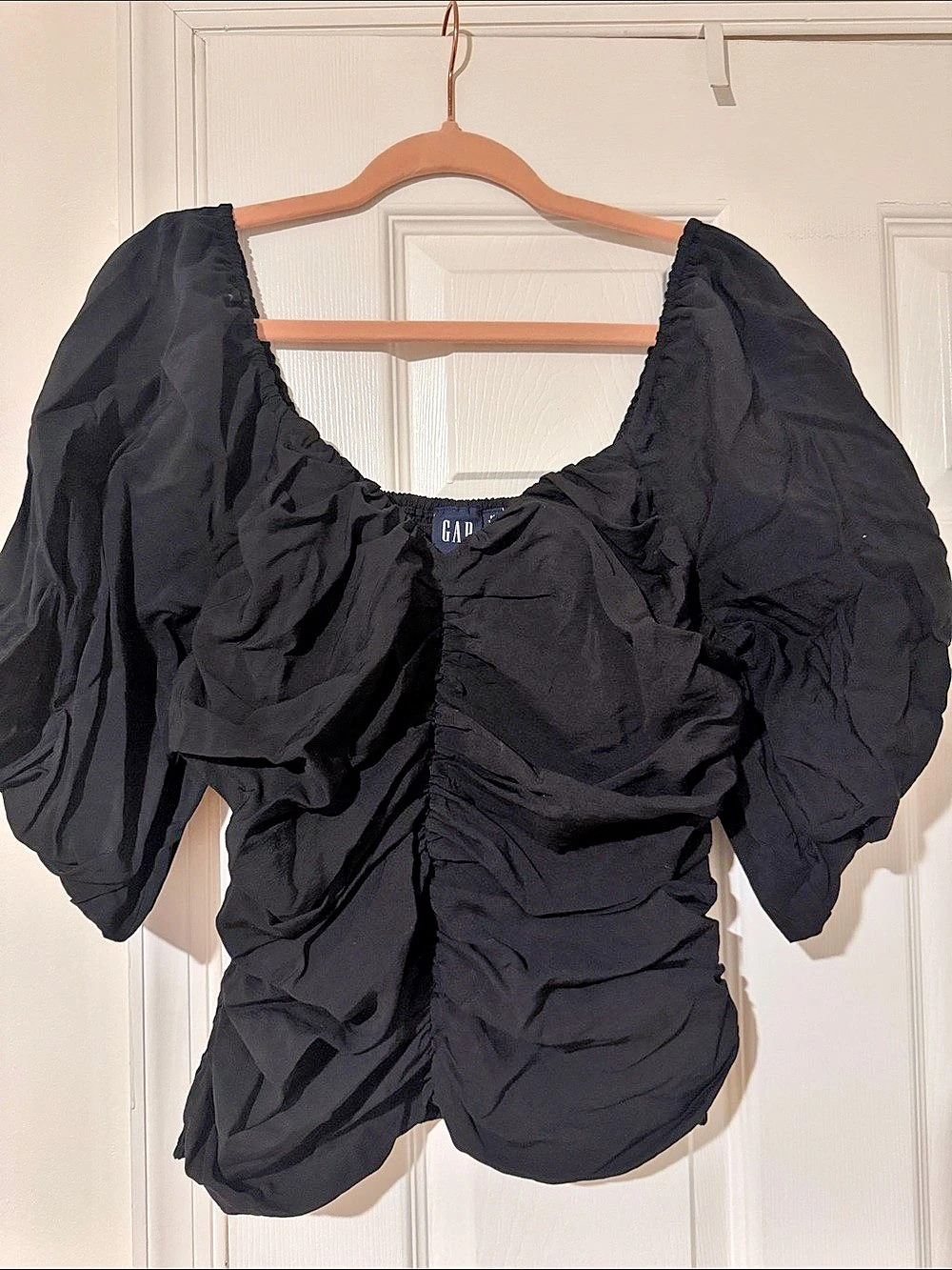 Gap Puff Sleeve Ruched Top Black Blouse
